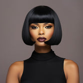 12 Inch Natural Black Short Bob Wig With Bangs For Black Women